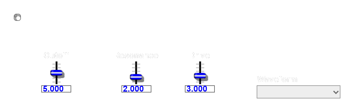 A simple panel layout: three sliders labelled Cutoff, Resonance, and Drive showing readouts of 5.000, 2.000, and 3.000, with a Waveform drop-down to the right