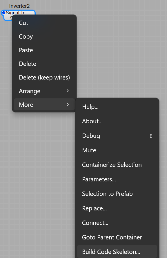 The structure-view right-click menu with the More submenu open; Build Code Skeleton... is the bottom item