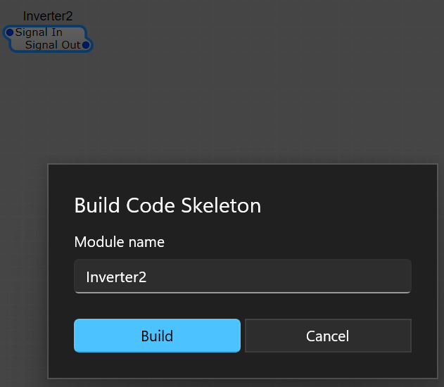 The Build Code Skeleton dialog with a Module name field and Build and Cancel buttons