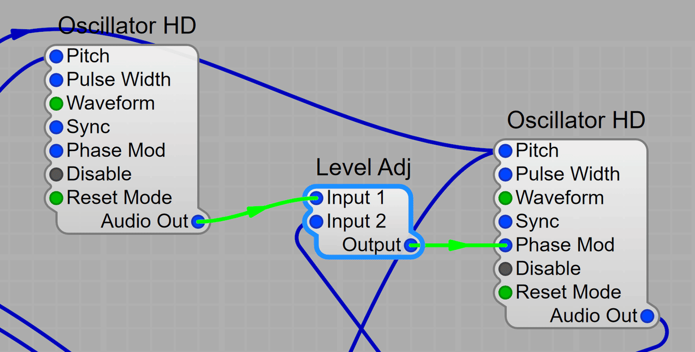 Two Oscillator HD modules: the first module's Audio Out feeds a Level Adj, whose Output feeds the second module's Phase Mod input. A single blue pitch cable arrives at both modules' Pitch pins.