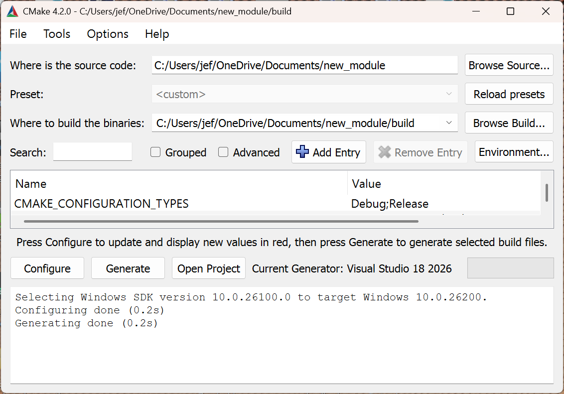 cmake-gui with 'Where is the source code' set to Documents/new_module — the parent folder, not the module's own subfolder — 'Where to build the binaries' set to new_module/build, and the log pane showing Configuring done and Generating done