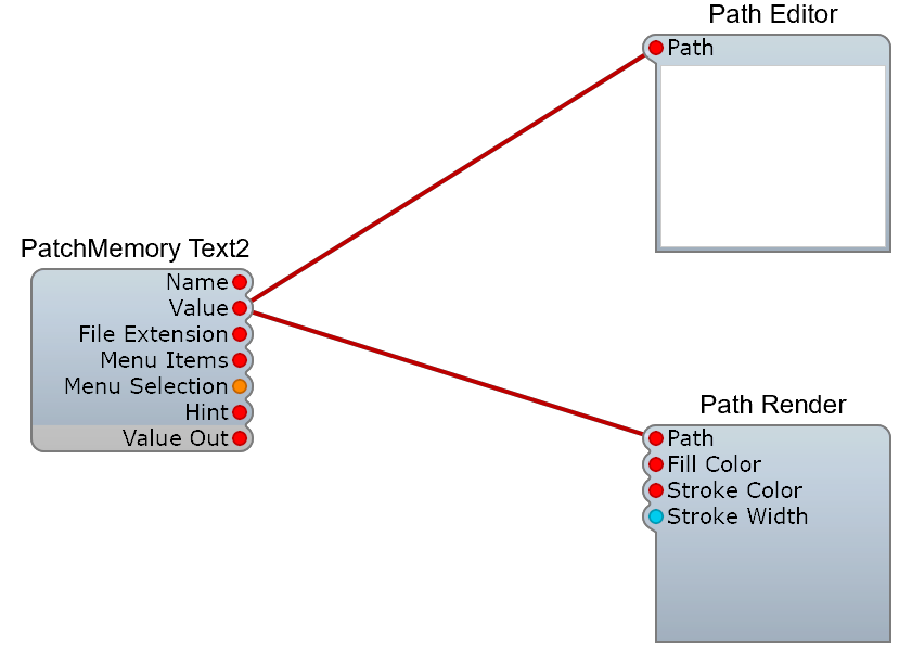 Path Editor and Path Render both wired to a PatchMemory Text2